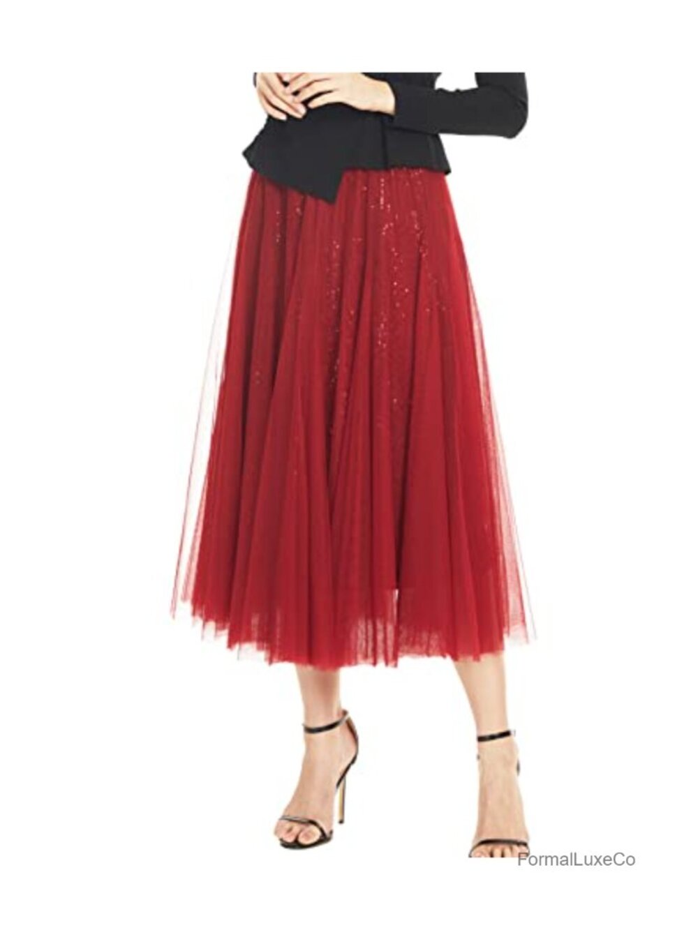 Women Long Tulle Sequin Layered High Waist A-Line Flowy Party Skirt - Picture 5 of 6